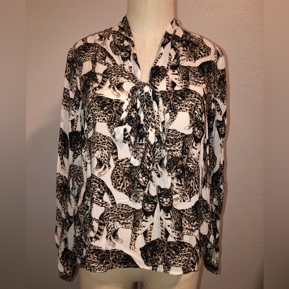 H&M Cream Multi Blouse Size 6 Retro Bengal Cat Print - Picture 1 of 4